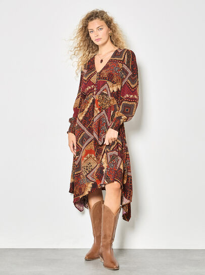 Patchwork Print Hanky Hem Midaxi Dress