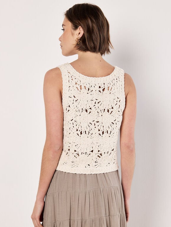 Floral Crochet Tie Front Waistcoat, Cream, large