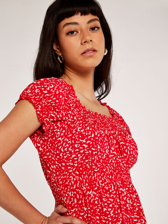 Brush Spot Milkmaid Mini Dress, Red, large