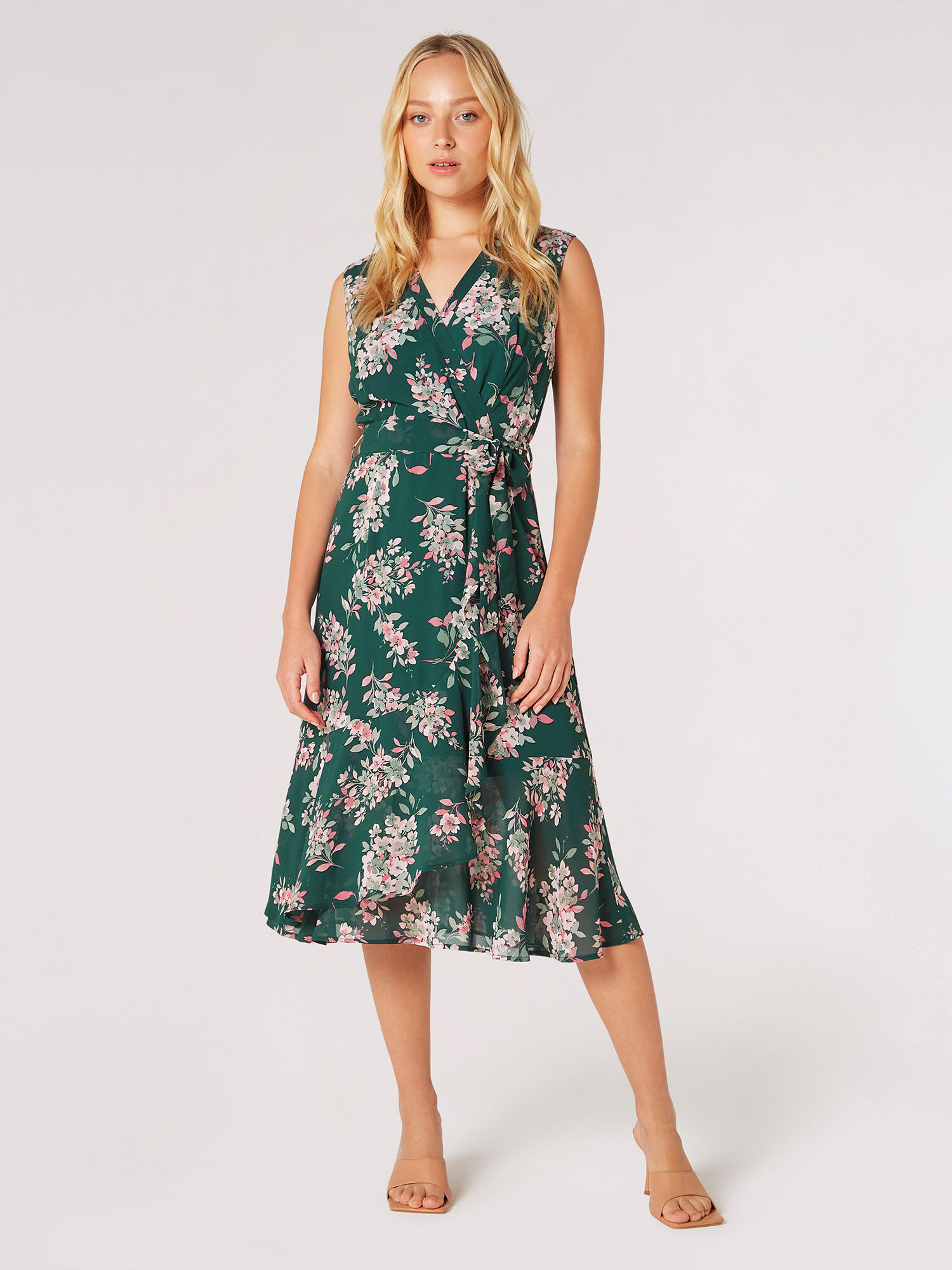 Floral Chiffon Wrap Midi Dress Apricot Clothing