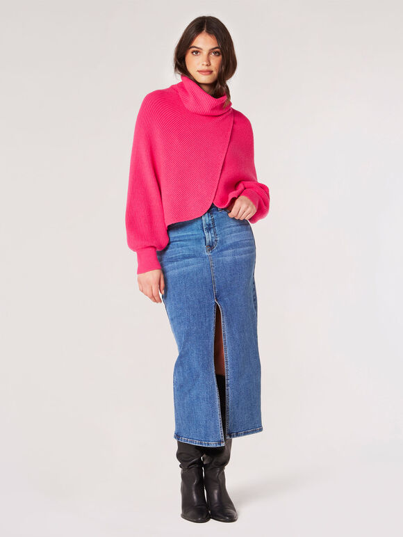 Cowl Neck Ribbed Wrap Jumper, Fuchsia, large