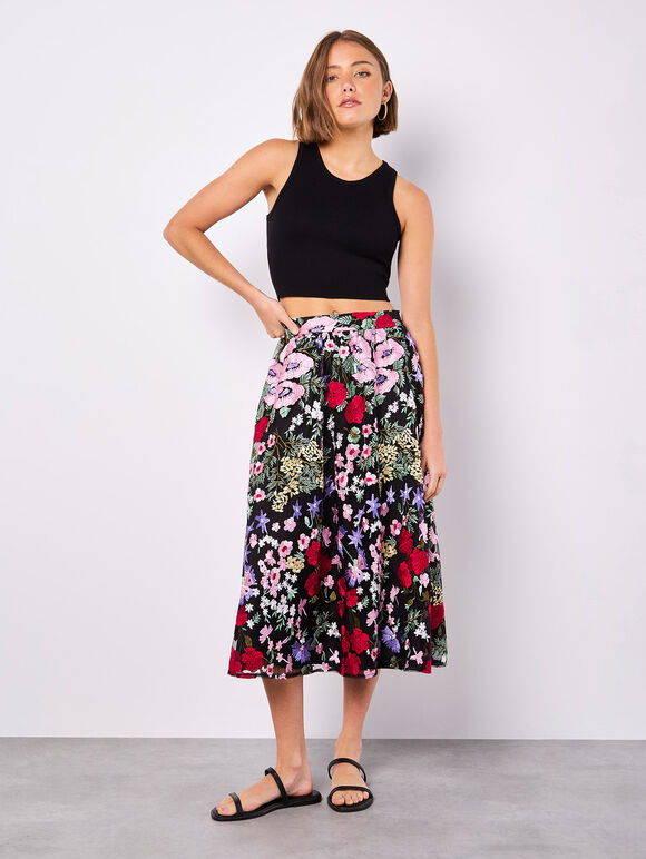 Embroidered Floral Mesh Midi Skirt, Black, large