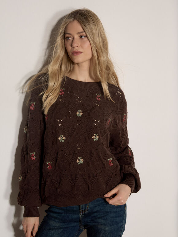 Pointelle Knit Floral Embroidered Jumper, Brown, large
