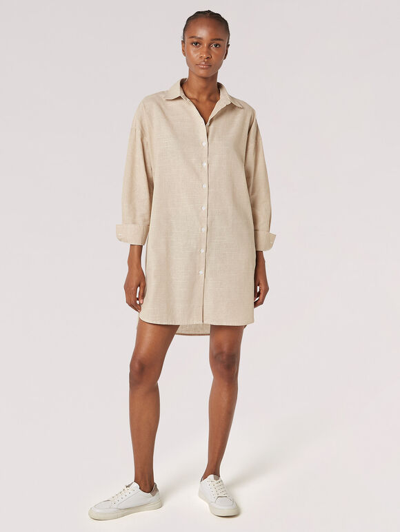 Lightweight Oversized Shirt Mini Dress, Stone, large
