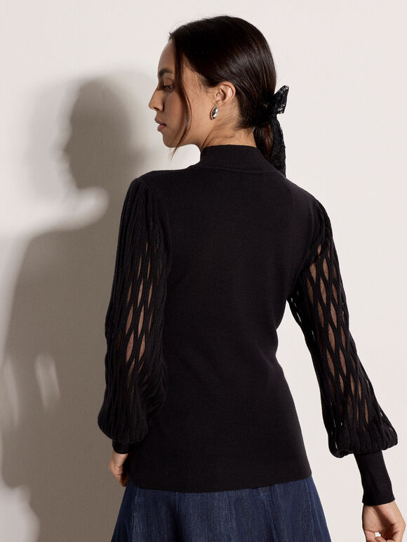 Plait Mesh Sleeve Jumper, Black, large
