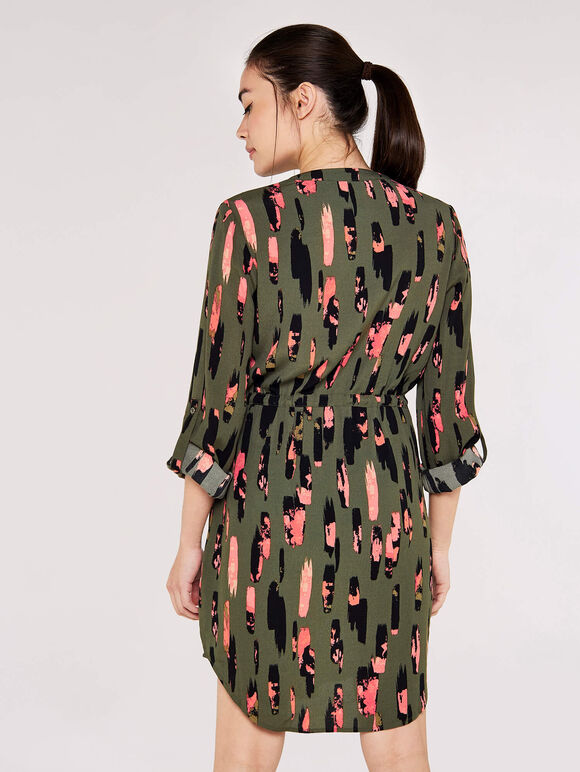 Brushstroke Print Drawstring Dress, Khaki, large