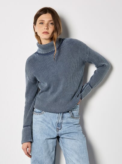 Roll Neck Ribbed Stonewashed Jumper