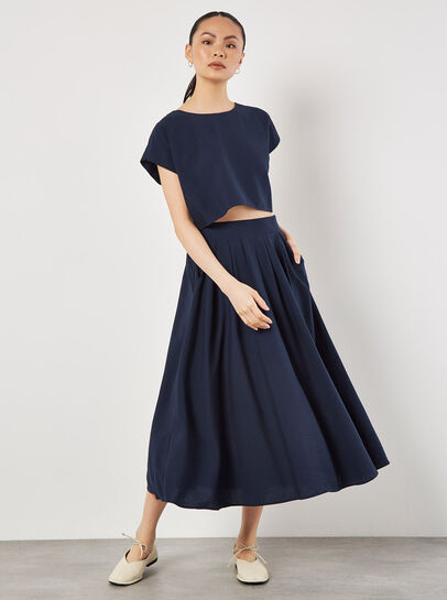 Slub Pleat A-Line Midi Skirt