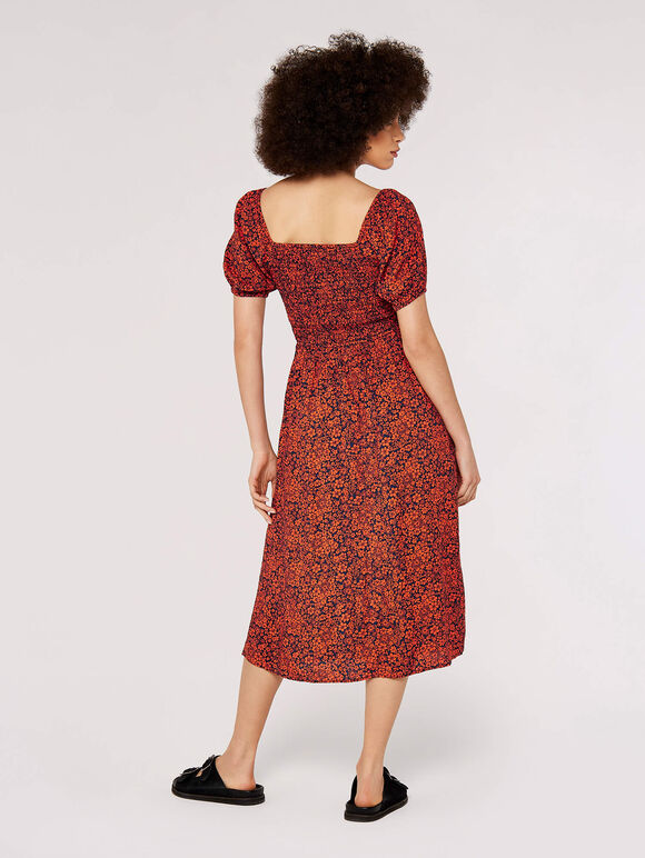 Ditsy Puff Sleeve Midi Dress, Navy, large
