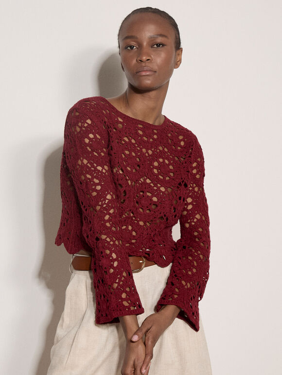 Boho Floral Cotton Crochet Top, Burgundy, large