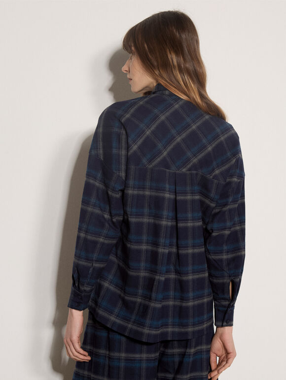 Oversized Check Print Shirt, Navy, large