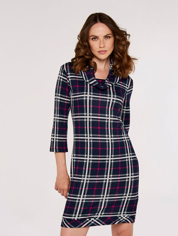 Checked Cowl Neck Dress, Navy, large