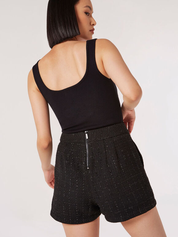 Schwarze Tweed-Shorts, Schwarz, groß