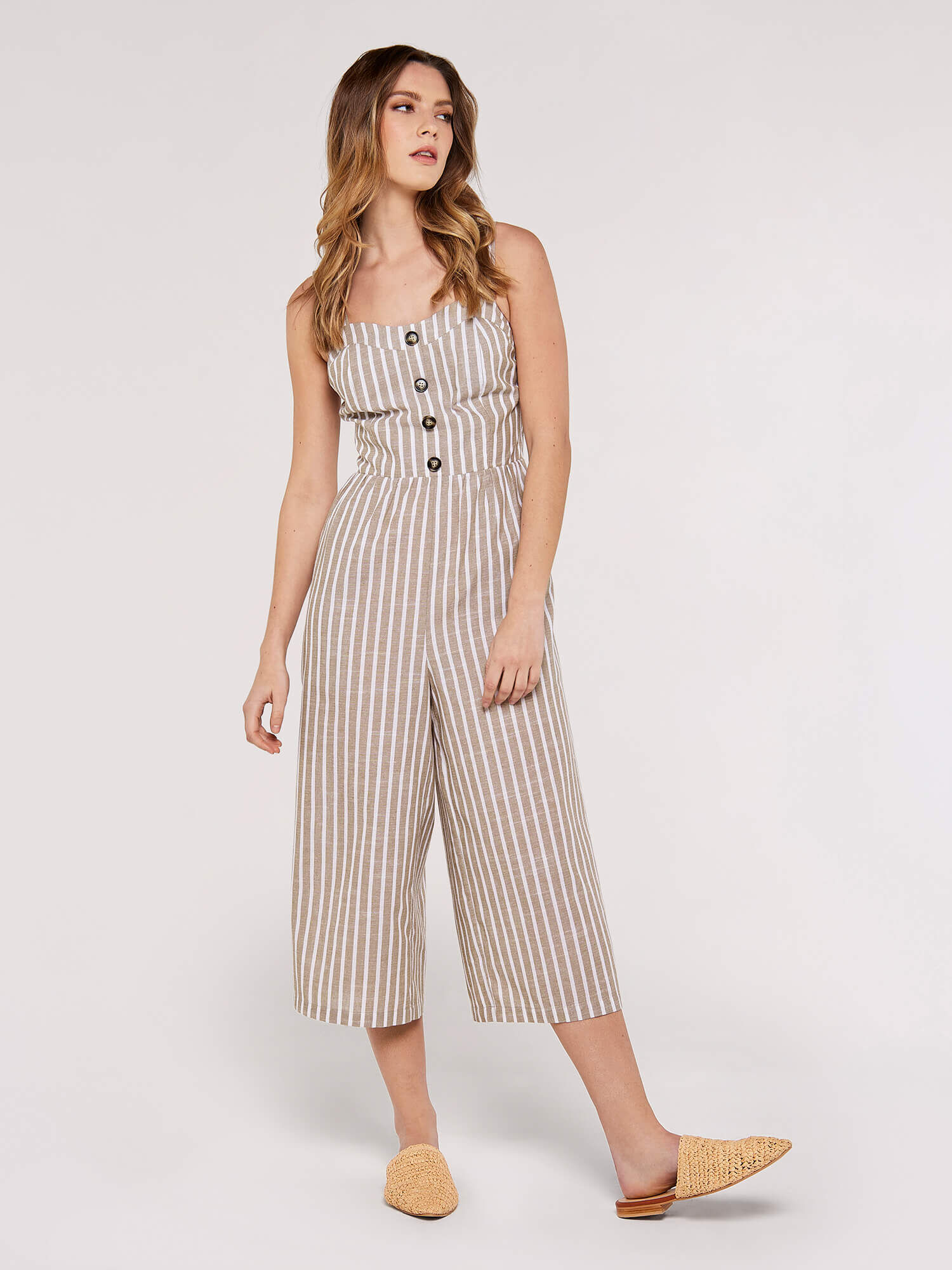 Striped Button Detailed Jumpsuit Apricot Clothing