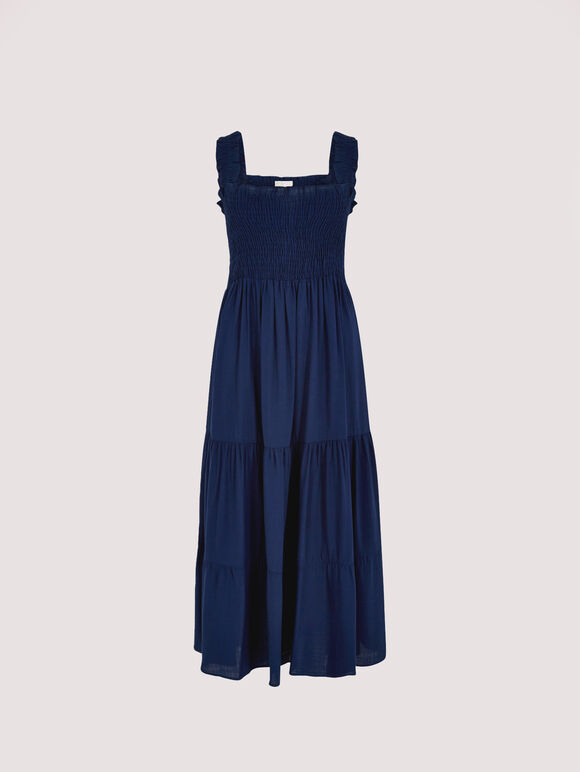 Robe midi smockée à volants, bleu marine, grand