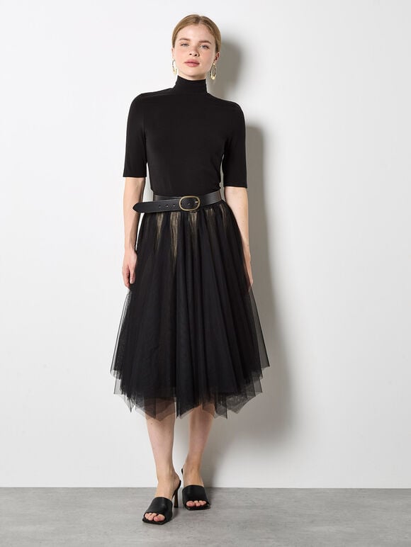 Reversible Tulle Stripe Knit Midi Skirt, Black, large