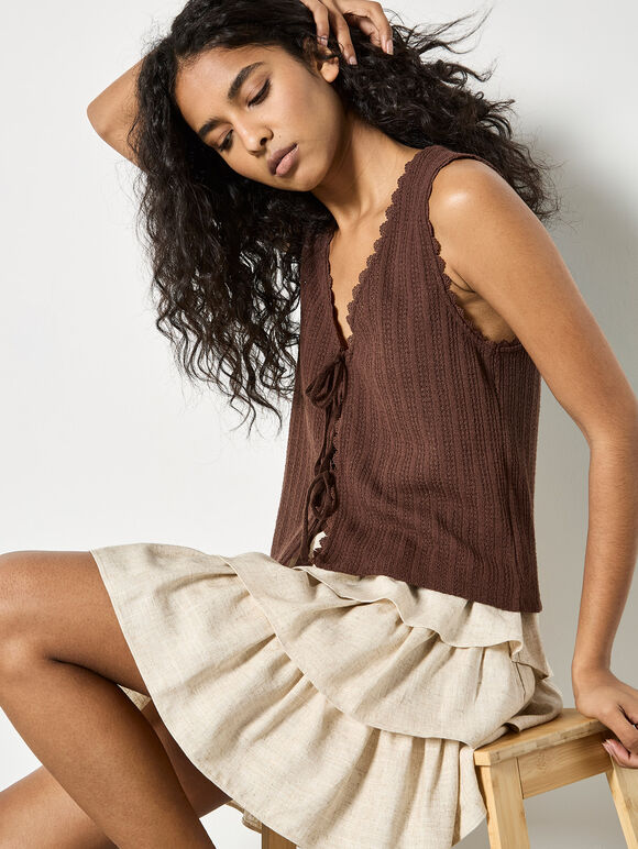 Linen Blend Ruffle Mini Skirt, Stone, large