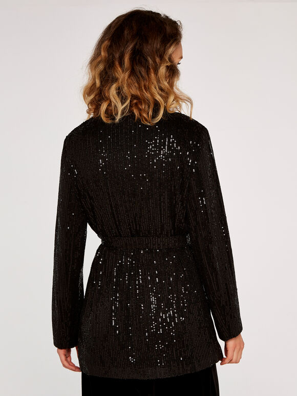 Sequin Belt Blazer, Black, large