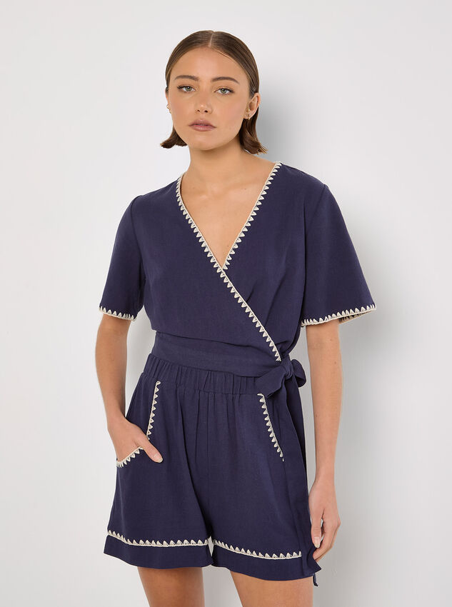 Stitch Detail Linen Blend Wrap Top, Navy, large