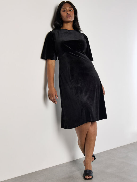 Curve Velvet Fit And Flare Midi Dress, Black, large