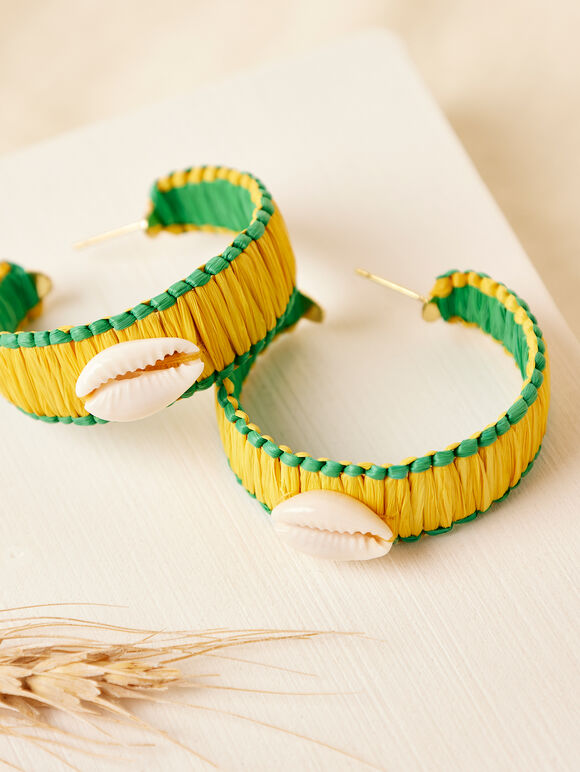 Straw-Shell  Hoop Earrings, Yellow, large