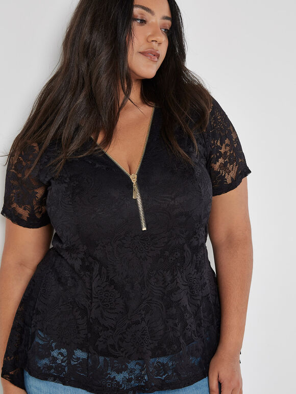 Lace Zip Front Top, Black, large