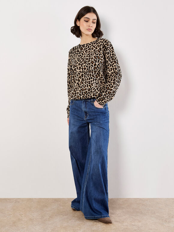 Ribbed Knit Leopard Jumper, Stone, large