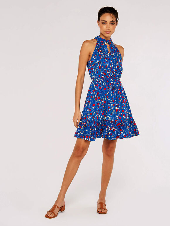 Ditsy Halter Mini Dress, Blue, large