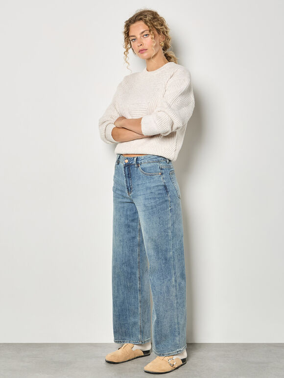 Waffle Rib Knit Soft Jumper, Stone, large