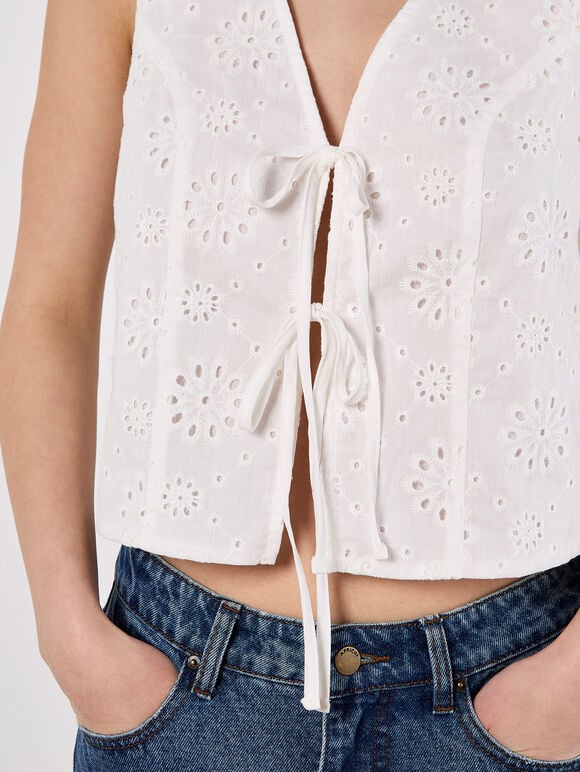 Broderie Anglaise Tie-Up Waistcoat, White, large