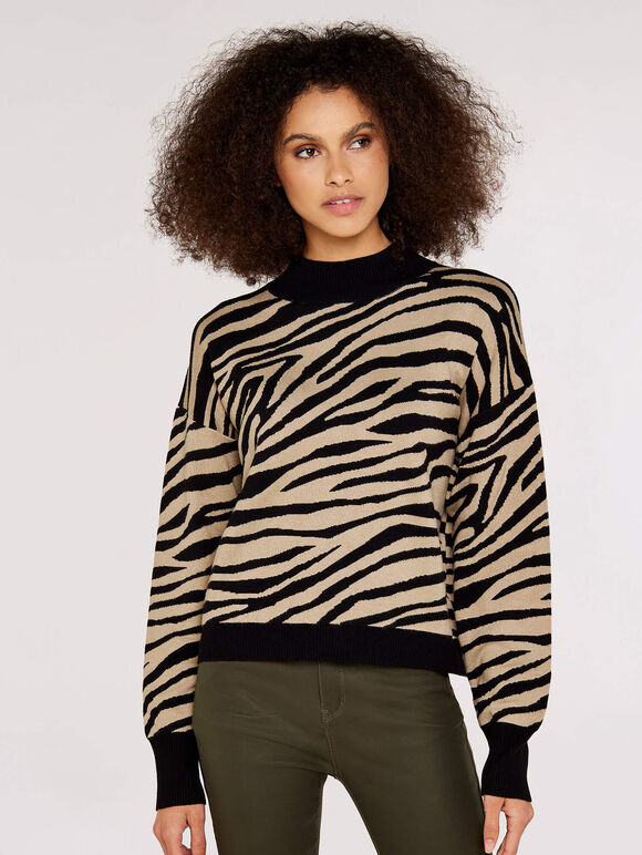 Mock Neck Zebra Jumper, Stone, large