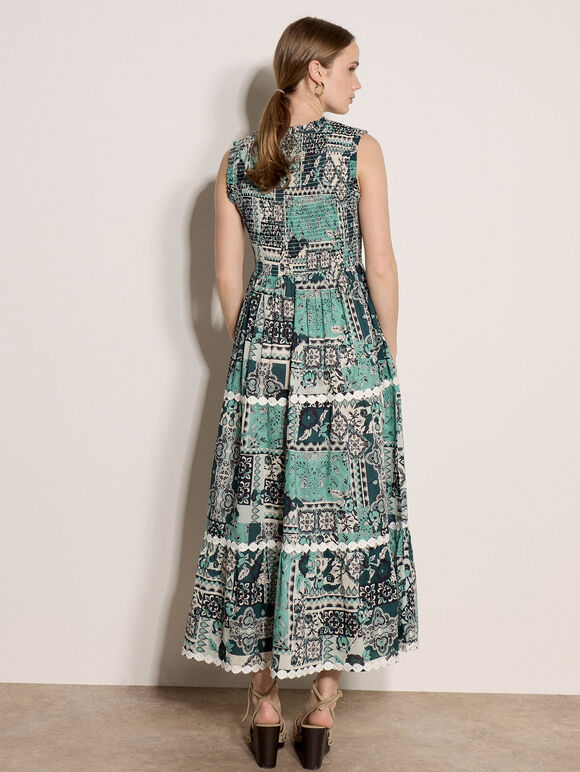 Patchwork Scarf Smocked Cotton Maxi Dress, Teal, large