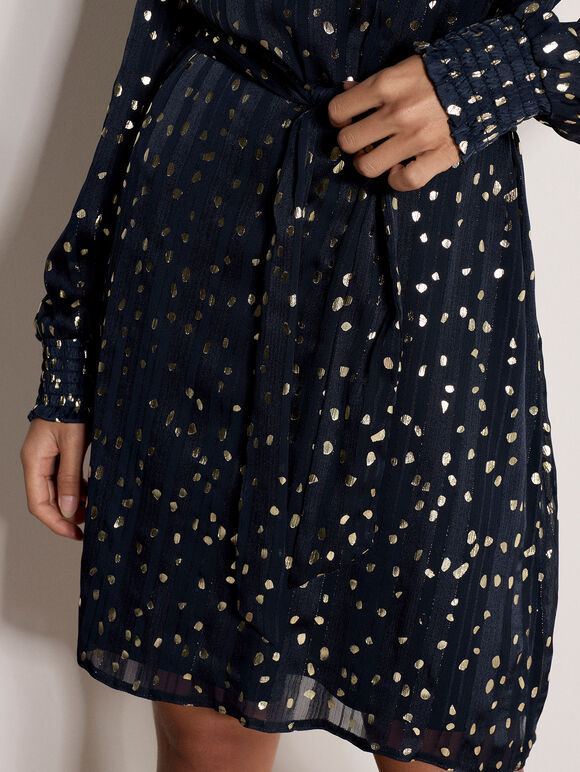 Gold Foil Spot Self-Stripe Mini Dress, Navy, large