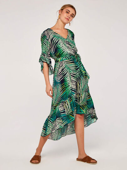 Tropical Leaf Ruffle Midi Dress
