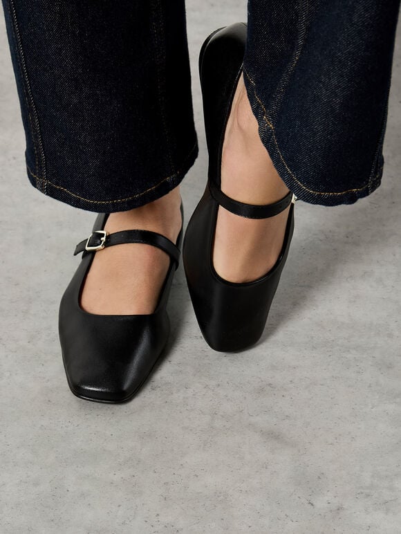 Leather Mary Jane Shoes, Black, large