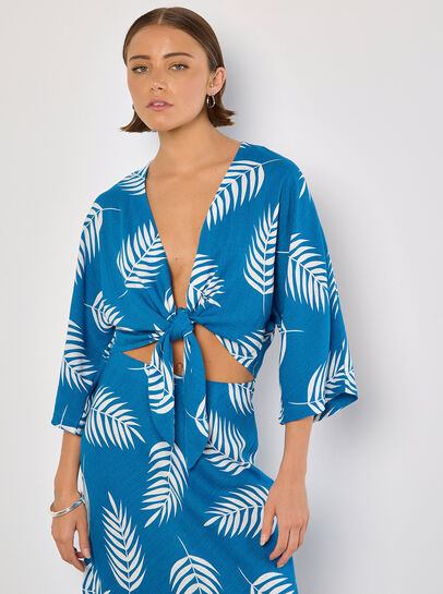 Tropical Leaf Tie Hem Crop Top