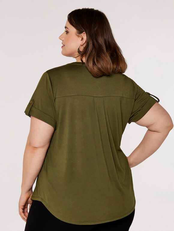 Curve Military V-Neck Top, Khaki, large