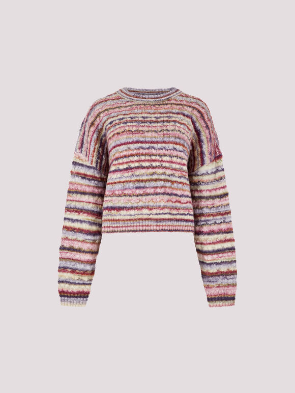 Multicoloured Stripe Aran Jumper, Pink, large