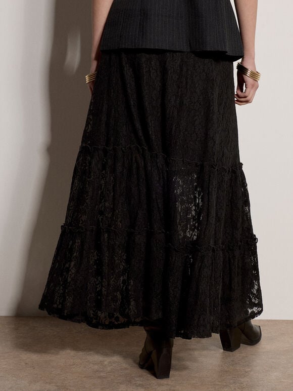 Cotton-Blend Lace Tiered Midi Skirt, Black, large