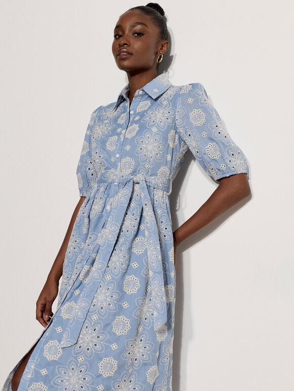 Broderie Anglaise Shirt Midi Dress, Blue, large