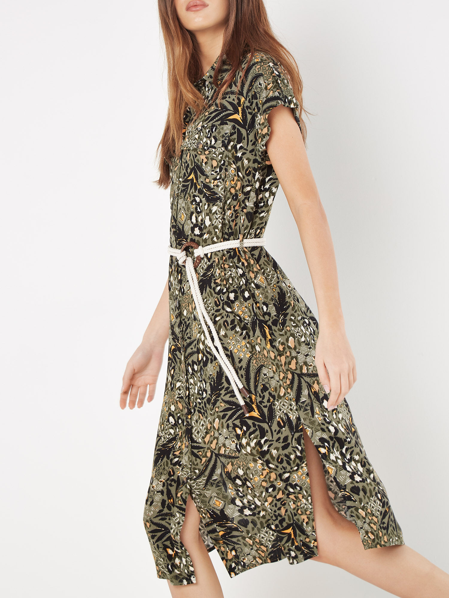 Mixed Animal Print Shirt Midi Dress Apricot Clothing
