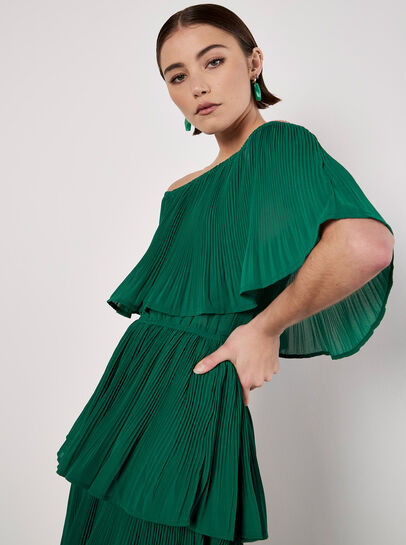 Plisse Tiered Bardot Mini Dress