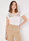 Floral Embroidered Yoke Slub T-Shirt, Coral, large