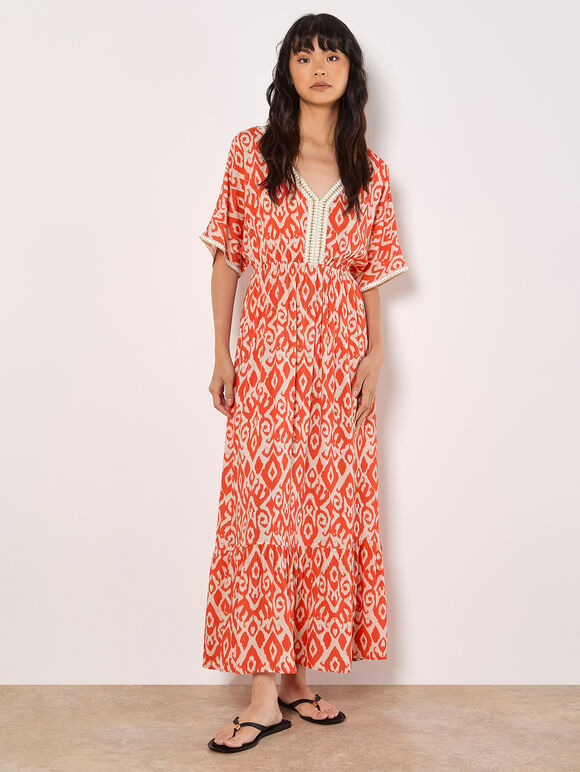 Ikat Swirl Shimmer Maxi Dress, Orange, large