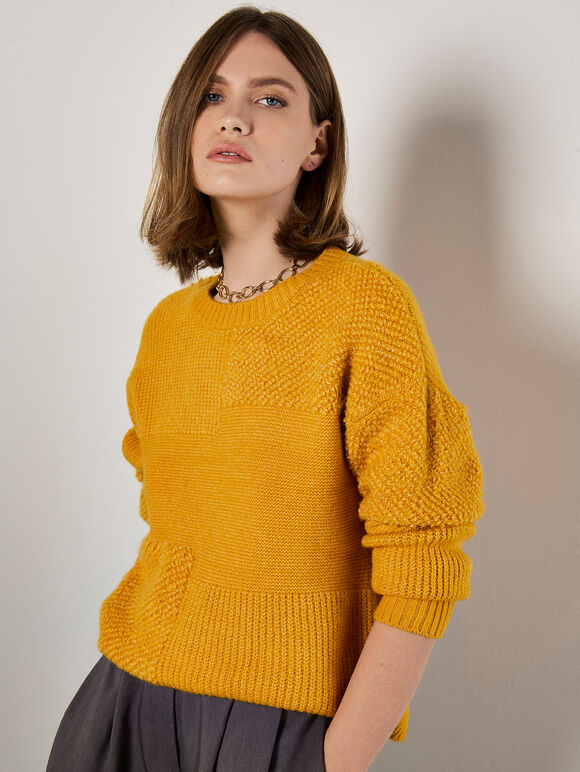 Patchwork Popcorn Jumper, Mustard, large