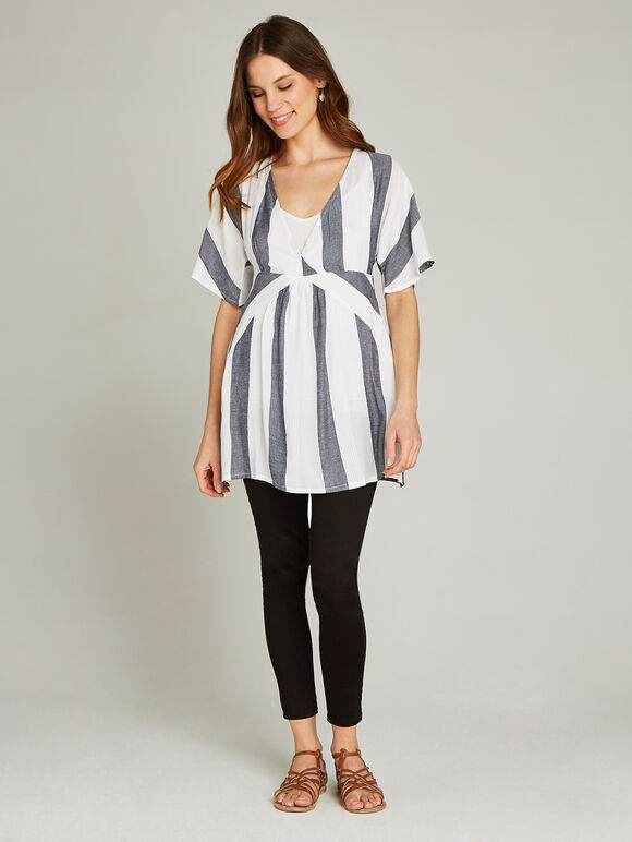 White Stripe Print Tunic Top , White, large