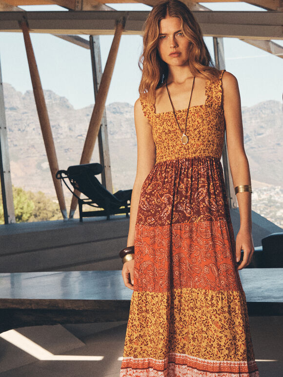 Patchwork Floral Paisley Maxi Dress, Orange, large