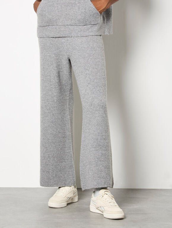 Waffle Knit Wide Leg Trousers, Grey, large
