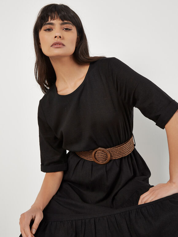 Linen Blend Tiered Midi Dress, Black, large