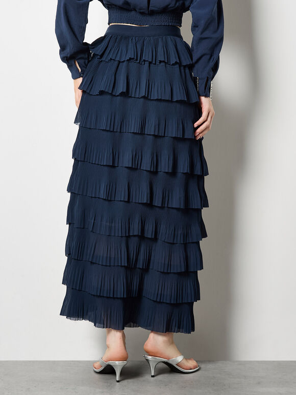 Plisse Ruffle Tier Maxi Skirt, Navy, large